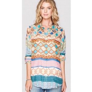 Johnny Was 100% Silk Baby Blossem Blouse Dimond Colorful Print Button Up Size XS